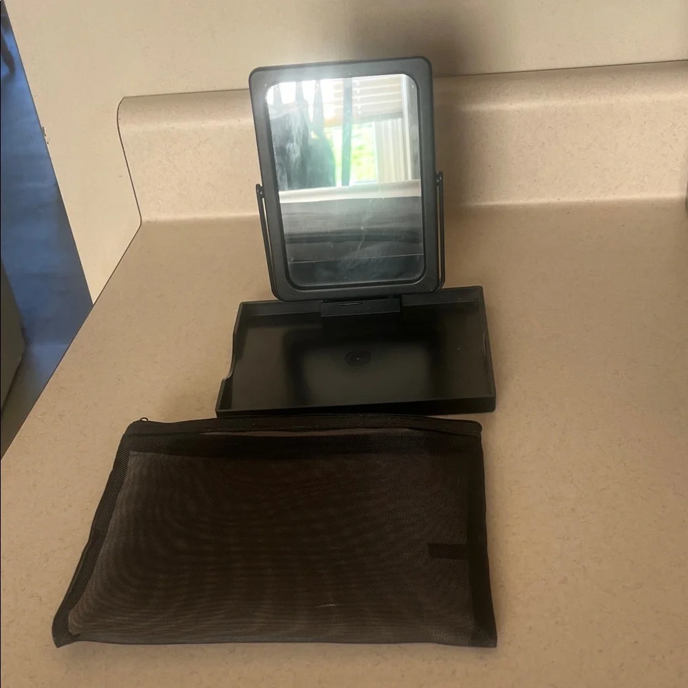 Black Portable Makeup Mirror with Mesh Pouch